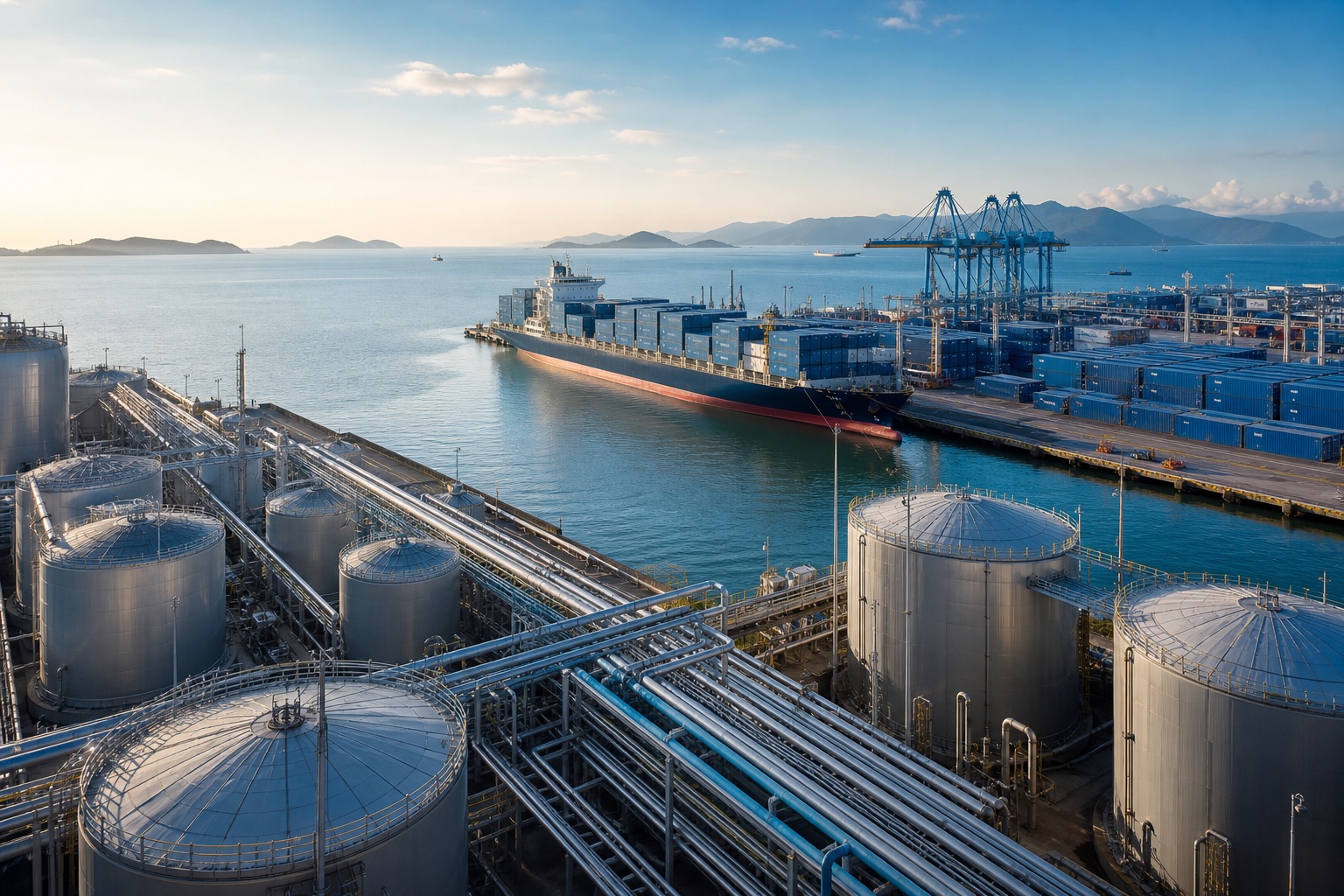 Petrochemical storage tanks, pipelines and container vessel